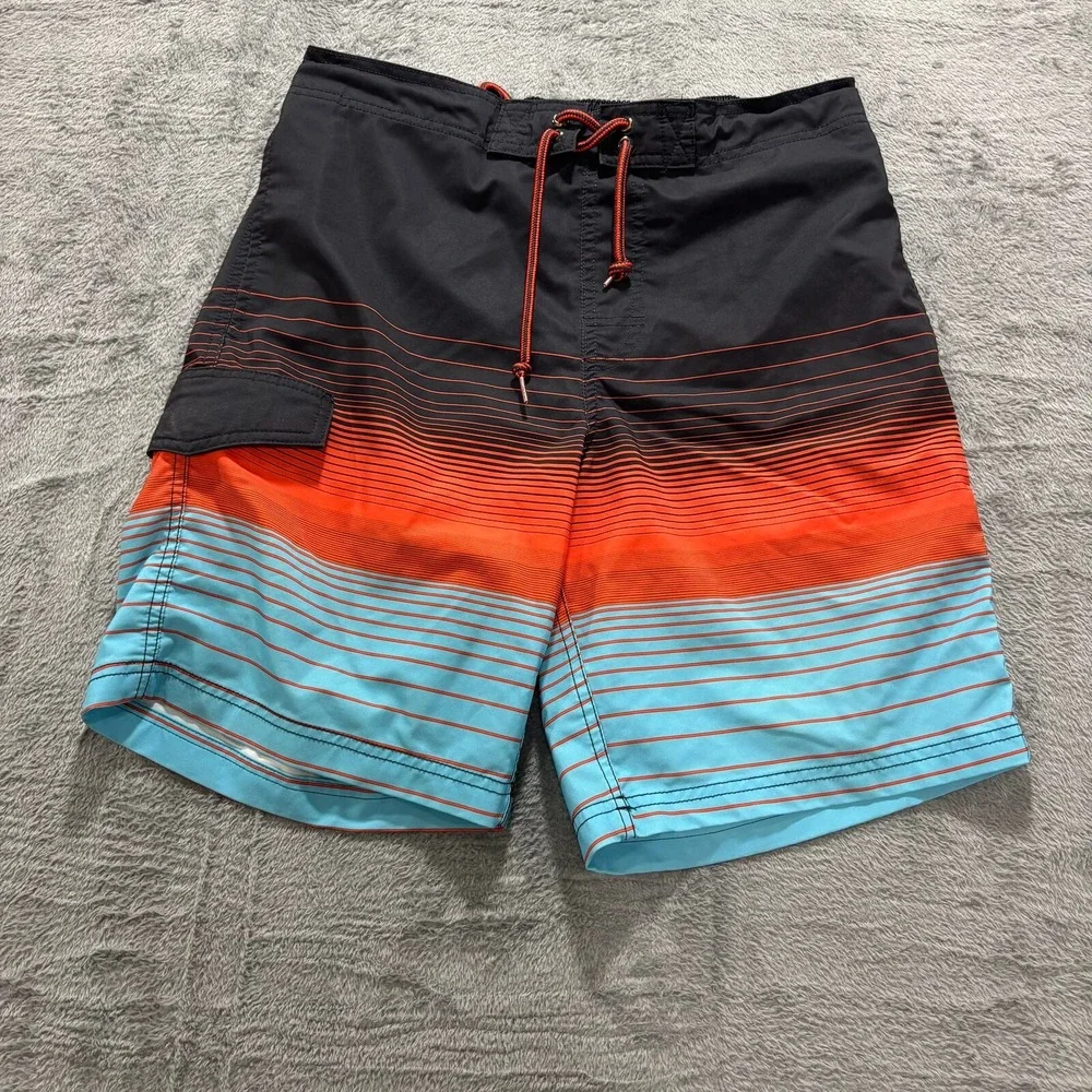 George M Black Orange Blue Ombre Striped Board‎ Shorts Mens Casual Festival